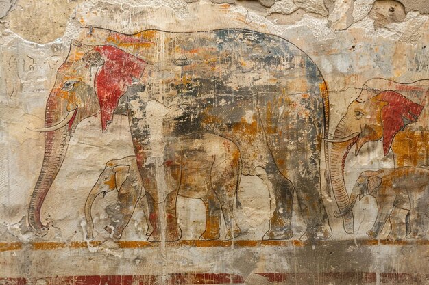 Foto una pintura de elefantes con un elefante rojo y blanco en él