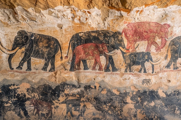 Foto una pintura de elefantes y elefantes está en una pared