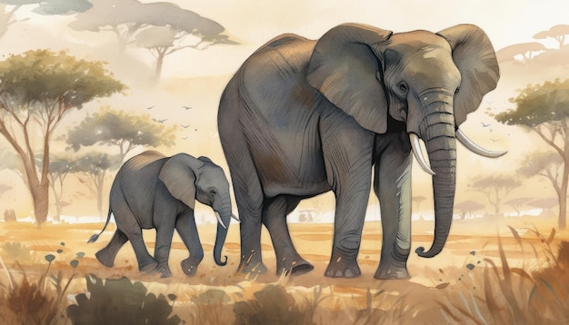 Una pintura de elefantes en África