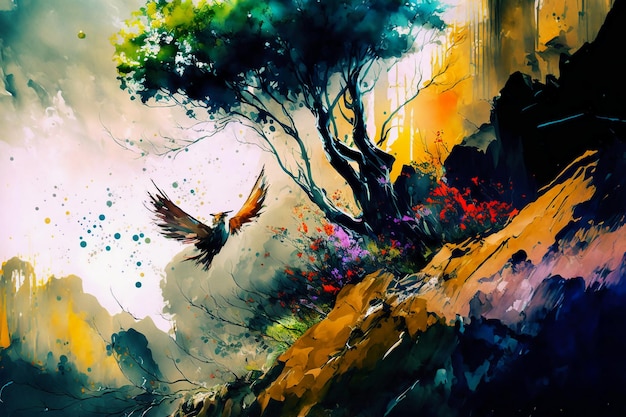 Pintura em aquarela arte digital de alta qualidade de uma floresta com pássaros.