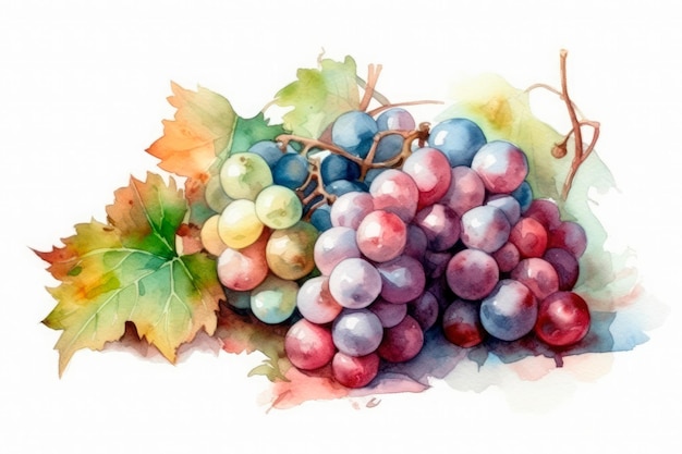 Pintura em aquarela de algumas uvas em um fundo branco Generative AI