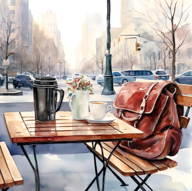 Pintura em aquarela de bolsa na cadeira com xícara de café na mesa com vista para a cidade