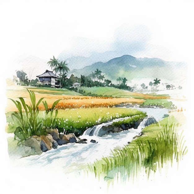 Pintura em aquarela de campos de arroz