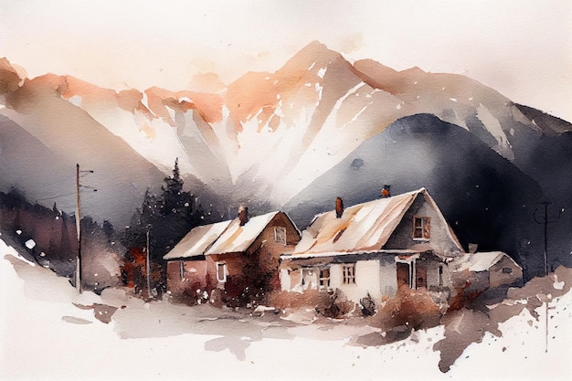 Pintura em aquarela de casas cobertas de neve no sopé das montanhas Generative AI Generative AI