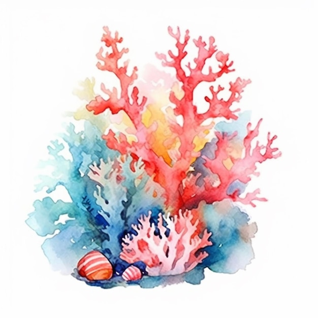 Pintura em aquarela de corais e conchas em um fundo branco generativo ai