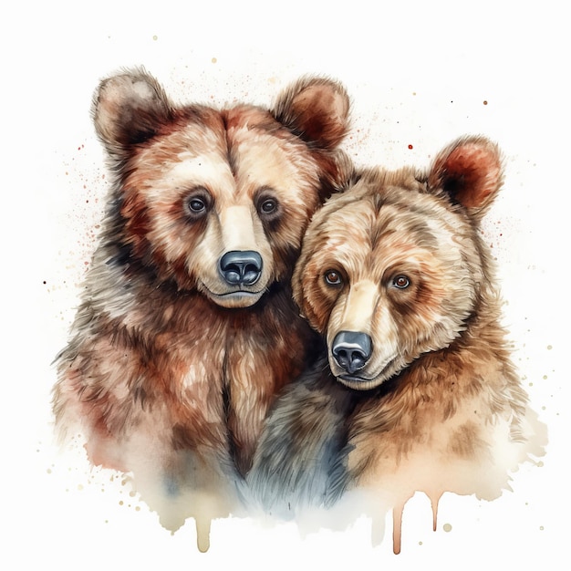 Pintura em aquarela de dois ursos fofos sobre fundo branco Al gerado