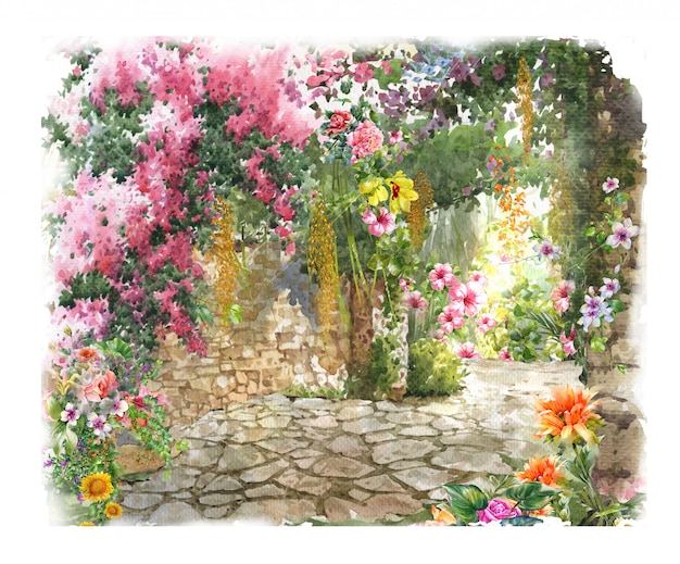 pintura em aquarela de flores coloridas. Primavera com edifícios e paredes