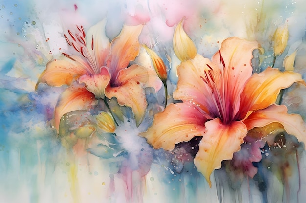 Pintura em aquarela de flores de lírio em fundo aquarela abstrato