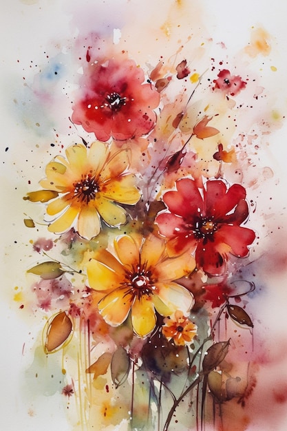 Pintura em aquarela de flores em um estilo colorido.