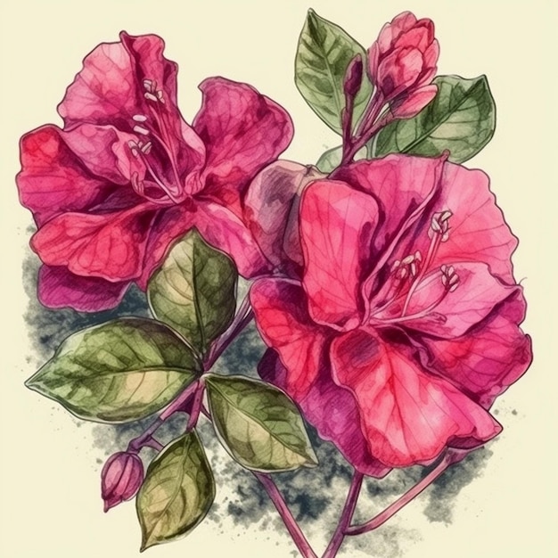 Pintura em aquarela de flores frescas de buganvílias