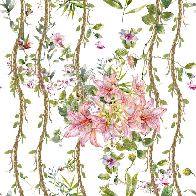 Pintura em aquarela de folhas e flores, sem costura padrão no fundo branco