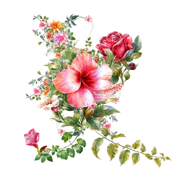 Pintura em aquarela de folhas e flores,