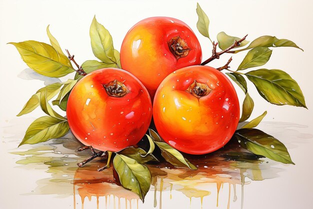 Pintura em aquarela de frutas de caqui