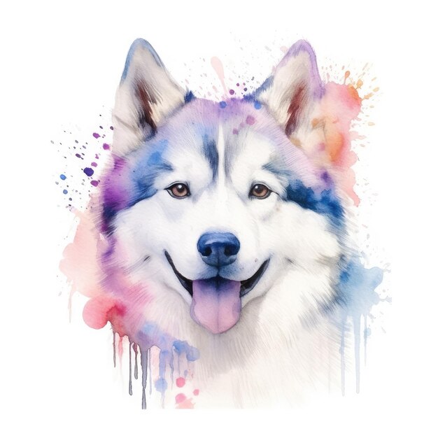 Pintura em aquarela de husky com fundo branco