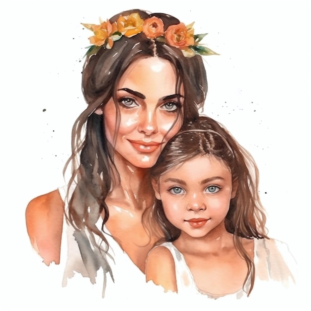 Pintura em aquarela de mãe e filha