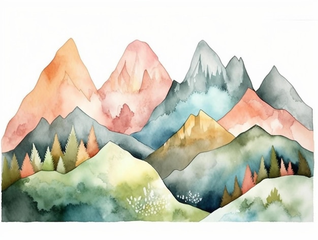 Pintura em aquarela de montanhas nas montanhas