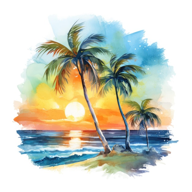 Pintura em aquarela de palmeiras palmeira na praia com mar Generative AI