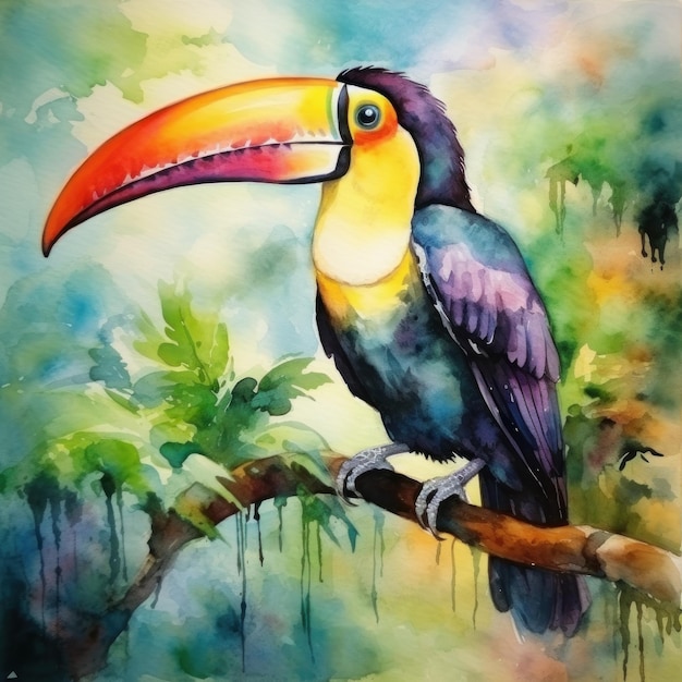 Pintura em aquarela de pássaro tucano