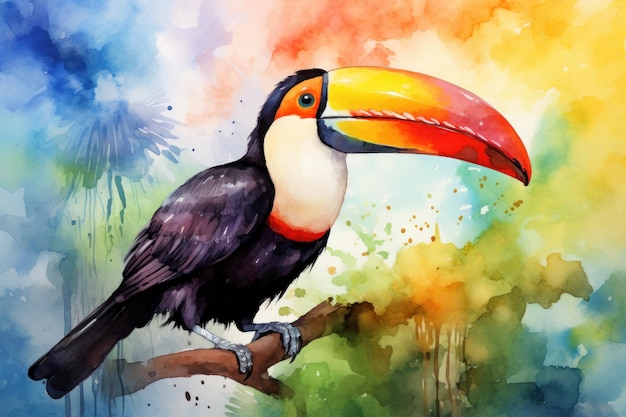 Pintura em aquarela de pássaro tucano