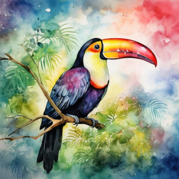 Pintura em aquarela de pássaro tucano