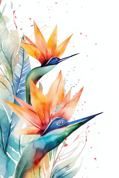 Pintura em aquarela de pássaros em um fundo de folhas e flores.