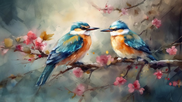 Pintura em aquarela de pássaros sentados em um galho de sakura florescente generative ai