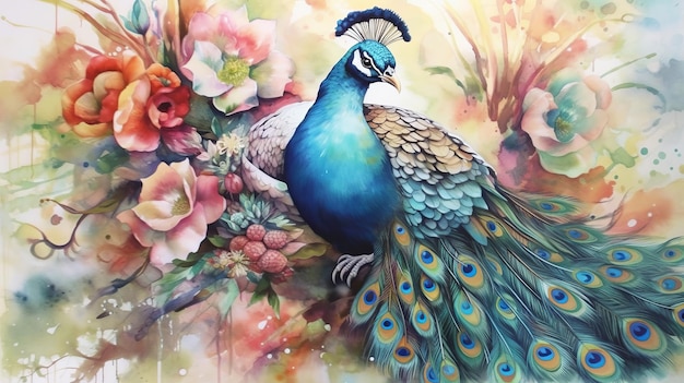 Pintura em Aquarela de Pavão em Flor