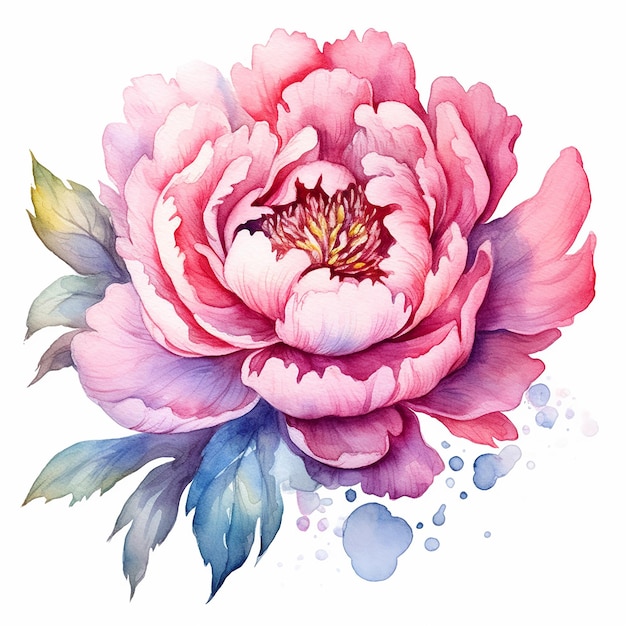 Pintura em aquarela de peônia com uma flor rosa.