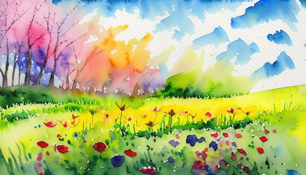 Pintura em aquarela de prado de primavera