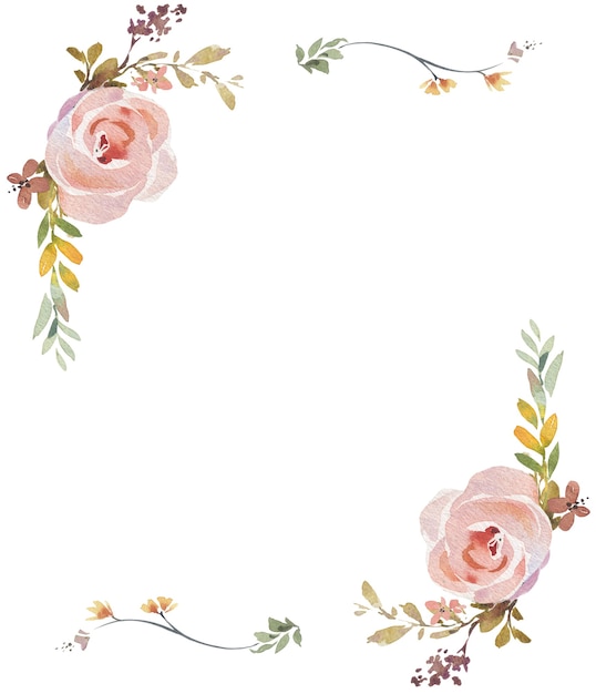 Pintura em aquarela de rosas e folhas em fundo branco