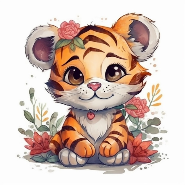 Pintura em aquarela de Sweet Tiger Chibi