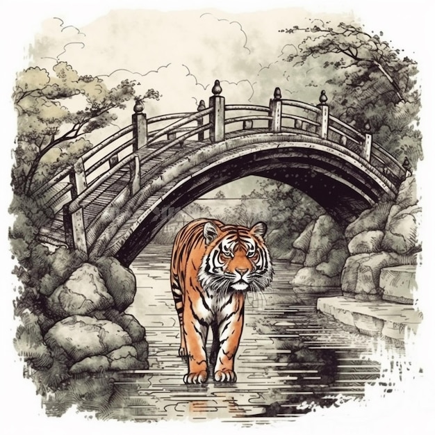 Pintura em aquarela de tigre feroz