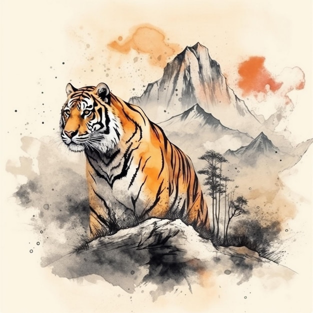 Pintura em aquarela de tigre feroz