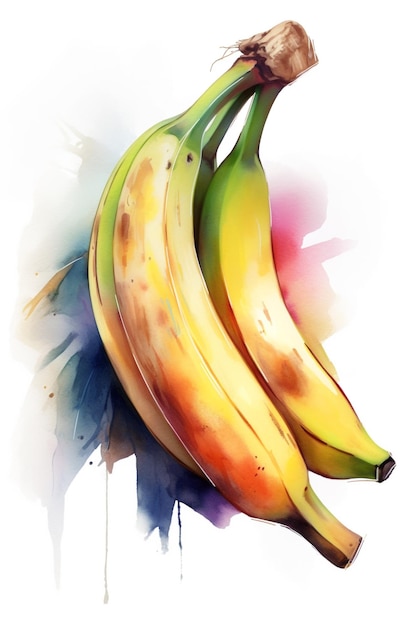 Pintura em aquarela de três bananas com fundo vermelho.