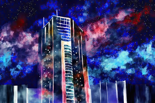Pintura em aquarela de um arranha-céu noturno na ilustração da capital das nações