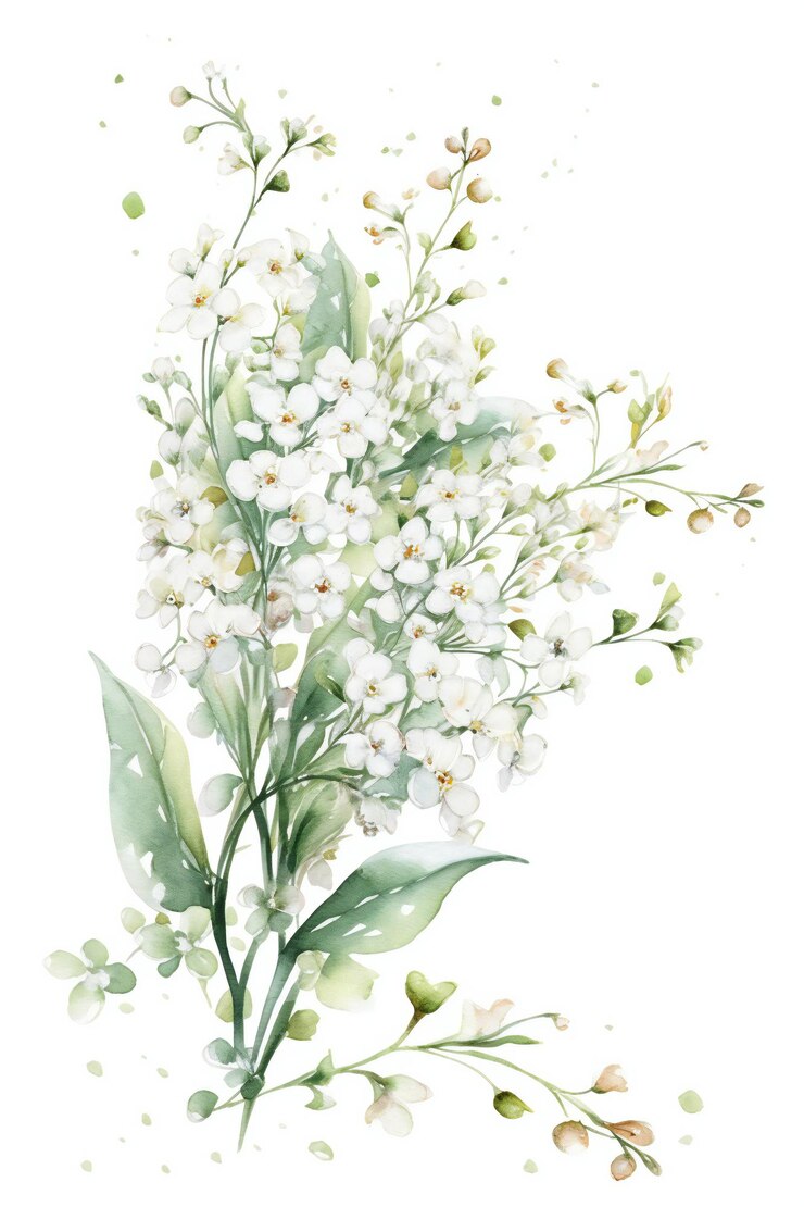 Foto pintura em aquarela de um buquê de lírios do vale.