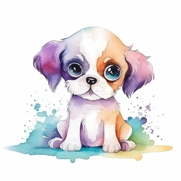 Pintura em aquarela de um cachorrinho de olhos azuis.