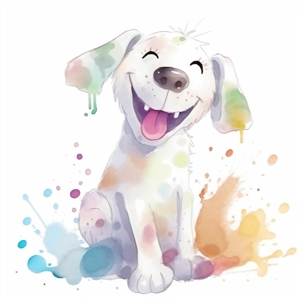 Pintura em aquarela de um cachorro com um nariz colorido de arco-íris