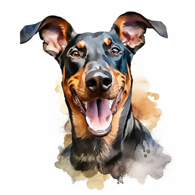 Pintura em aquarela de um cachorro doberman