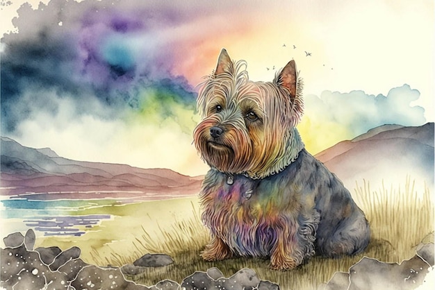 Pintura em aquarela de um cachorro sentado na grama generativa ai