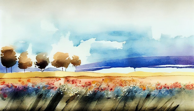 Pintura em aquarela de um campo com árvores e um céu azul