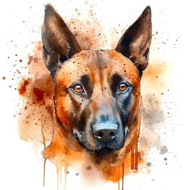 Pintura em aquarela de um cão pastor alemão.