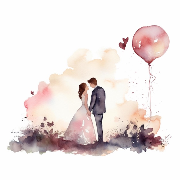 Pintura em aquarela de um casal apaixonado por um balão