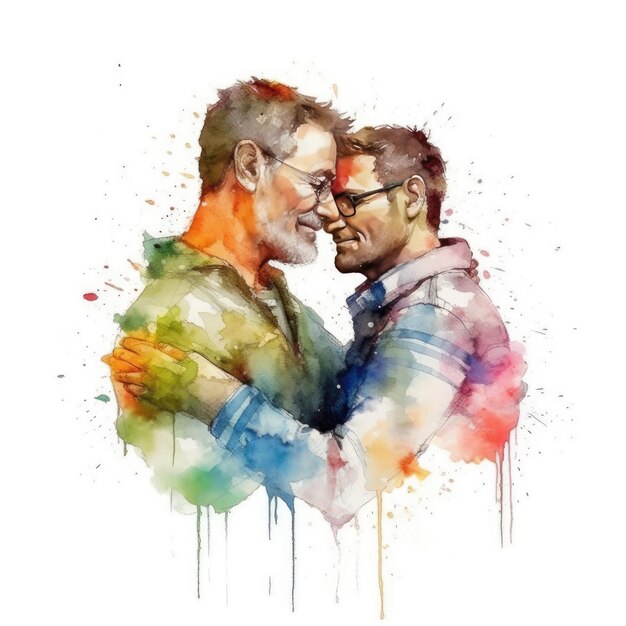 Pintura em aquarela de um casal LGBT de cinquenta anos