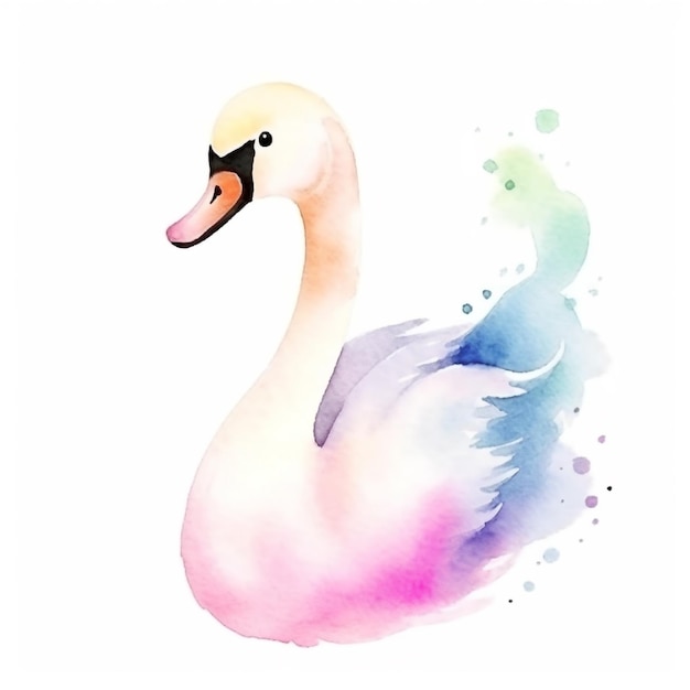 Pintura em aquarela de um cisne com um fundo colorido arco-íris.