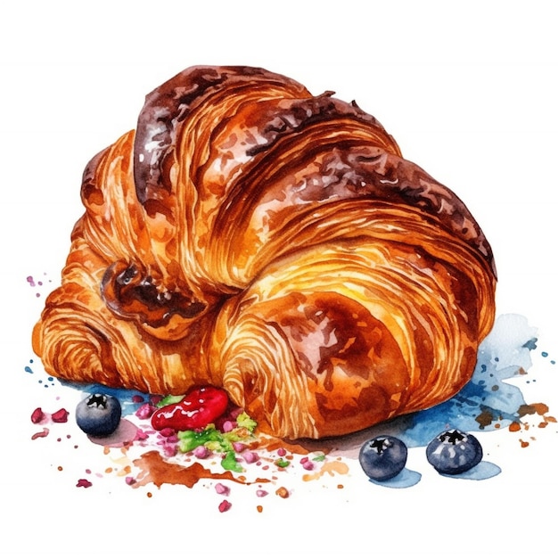 Pintura em aquarela de um croissant e bagas