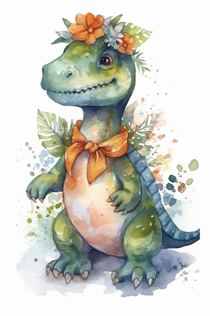 Pintura em aquarela de um dinossauro com um laço no pescoço.