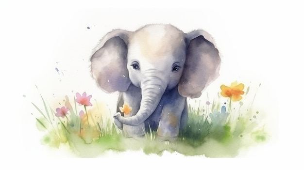 Pintura em aquarela de um elefante bebê fofo