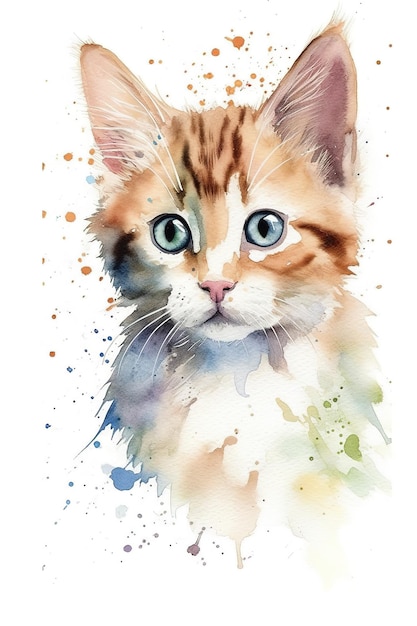 Pintura em aquarela de um gato com olhos azuis