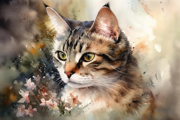 Pintura em aquarela de um gato em um fundo branco Ilustração de animais de estimação IA generativa